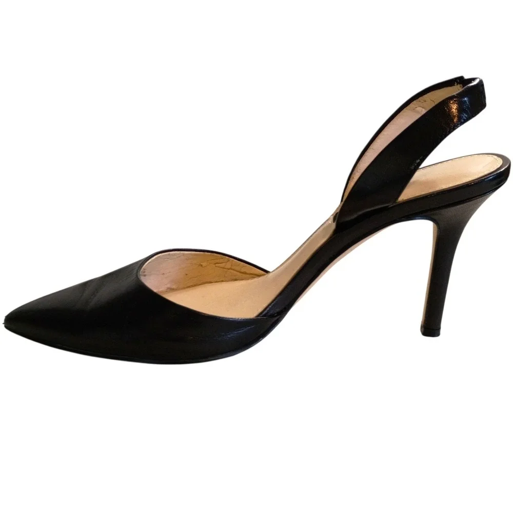 Nine West Black Leather Slingback Pumps Pointed Toe Stiletto Heels dOrsay SZ 9.5